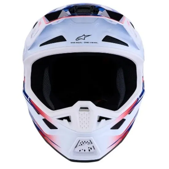Alpinestars SM7 Blaster мотокрос каска в бяло, синьо и червено с Workswell лого, агресивна козирка и вентилационни отвори