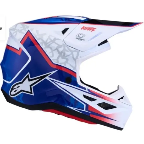 Alpinestars SM7 Blaster мотокрос каска в бяло, синьо и червено с Workswell лого, агресивна козирка и вентилационни отвори