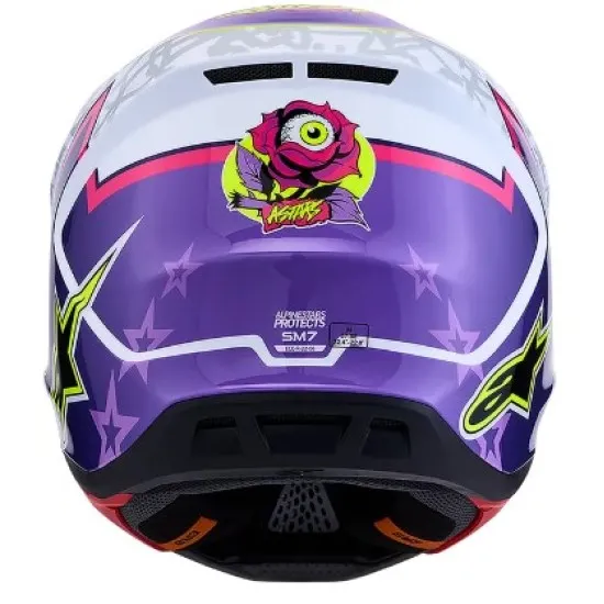Alpinestars SM7 Blaster мотокрос каска в лилаво, розово и бяло с жълто-зелени акценти, лого SMASH и splash графики на купола