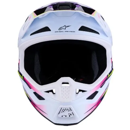 Alpinestars SM7 Blaster мотокрос каска в лилаво, розово и бяло с жълто-зелени акценти, лого SMASH и splash графики на купола