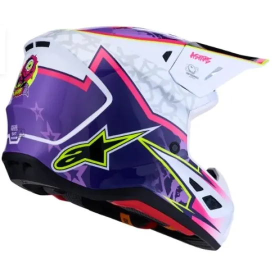 Alpinestars SM7 Blaster мотокрос каска в лилаво, розово и бяло с жълто-зелени акценти, лого SMASH и splash графики на купола