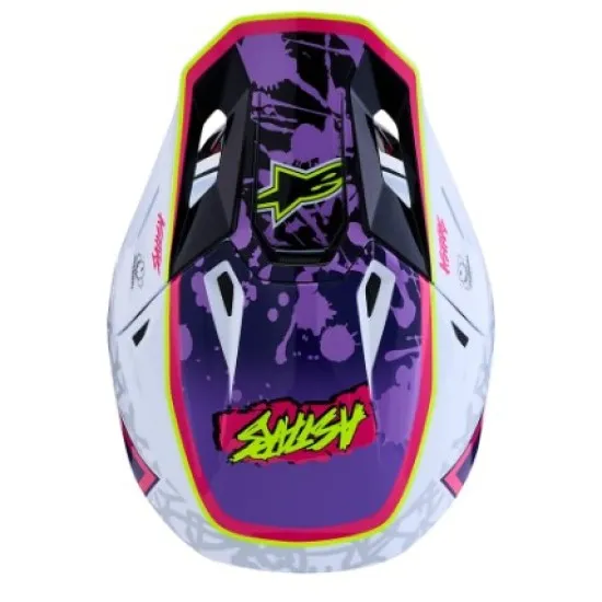 Alpinestars SM7 Blaster мотокрос каска в лилаво, розово и бяло с жълто-зелени акценти, лого SMASH и splash графики на купола