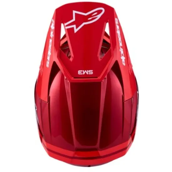 Alpinestars SM3 Radium мотокрос каска в наситено червено с металик ефект, бели надписи и вентилационни отвори на козирката -