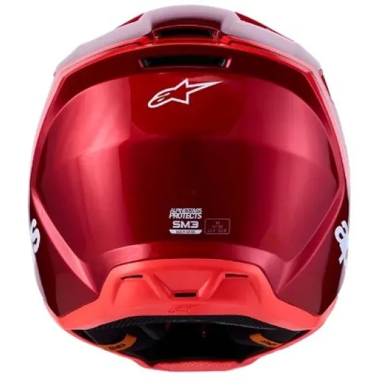 Alpinestars SM3 Radium мотокрос каска в наситено червено с металик ефект, бели надписи и вентилационни отвори на козирката -