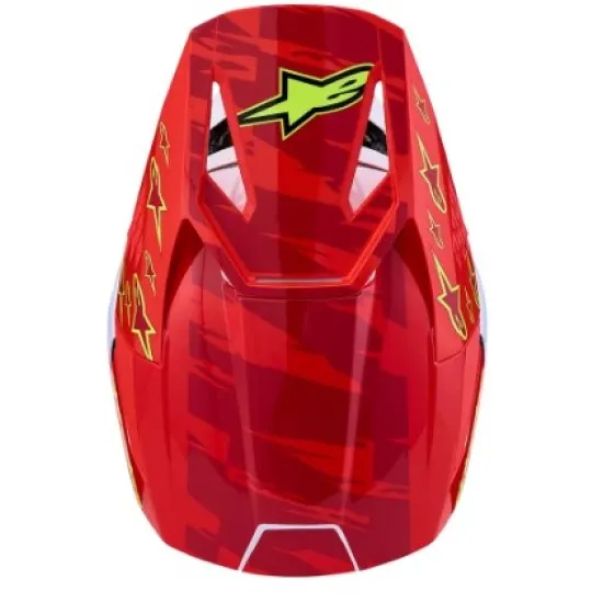 Alpinestars SM3 Falcon каска в червено, бяло и синьо с жълти звезди, перфорирана козирка и логото на марката отстрани