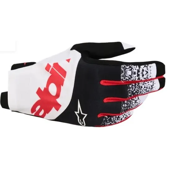 Alpinestars Techstar мотокрос ръкавици в бяло, черно и червено с голямо лого и сублимирана графика на гърба