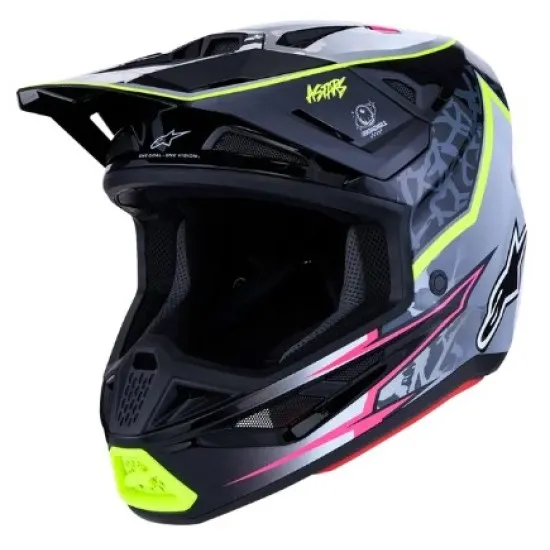 Alpinestars SM7 Blaster мотокрос каска в черно и сиво с флуоресцентно жълто-зелени и розови акценти, лого с едноокото цвете