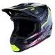 Alpinestars SM7 Blaster мотокрос каска в черно и сиво с флуоресцентно жълто-зелени и розови акценти, лого с едноокото цвете