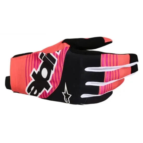 Мотокрос ръкавици Alpinestars Techstar в корал, черно и фуксия с логото на марката и сублимирана графика на задната страна