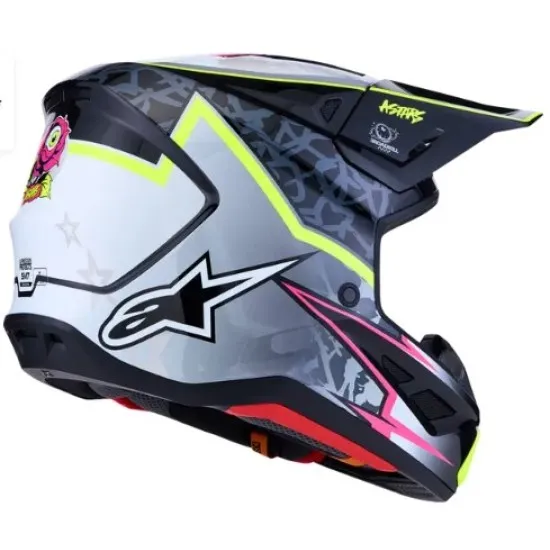 Alpinestars SM7 Blaster мотокрос каска в черно и сиво с флуоресцентно жълто-зелени и розови акценти, лого с едноокото цвете