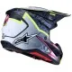 Alpinestars SM7 Blaster мотокрос каска в черно и сиво с флуоресцентно жълто-зелени и розови акценти, лого с едноокото цвете