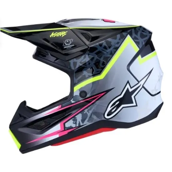Alpinestars SM7 Blaster мотокрос каска в черно и сиво с флуоресцентно жълто-зелени и розови акценти, лого с едноокото цвете