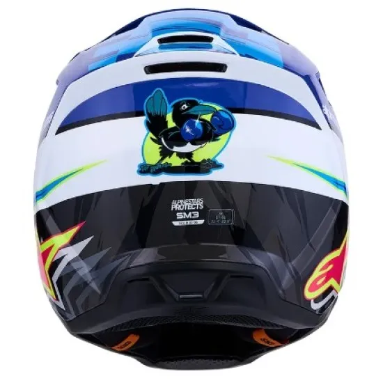 Детска мотокрос каска Alpinestars SM3 Falcon в синьо, бяло и черно с неонови зелени звезди, удължена козирка и логото на