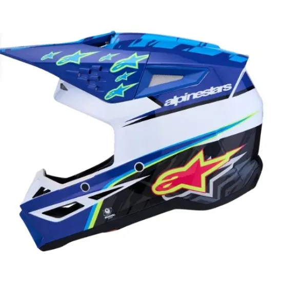Детска мотокрос каска Alpinestars SM3 Falcon в синьо, бяло и черно с неонови зелени звезди, удължена козирка и логото на
