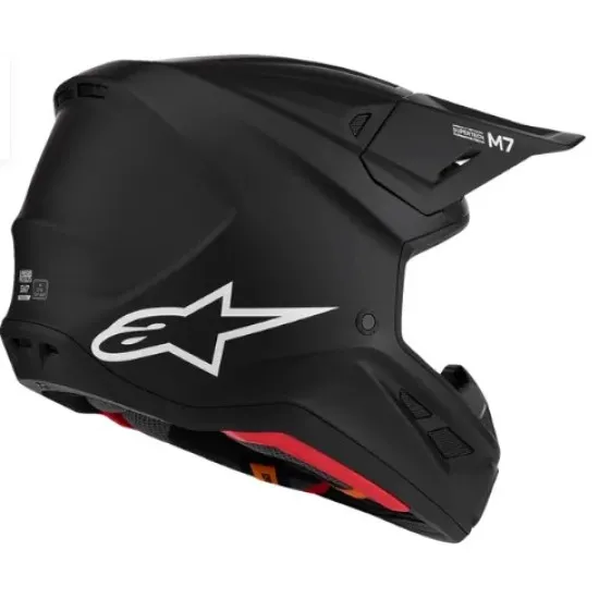Alpinestars Supertech M7 мотокрос каска в матово черно с агресивен визьор, бяло лого и червени акценти на подбрадника