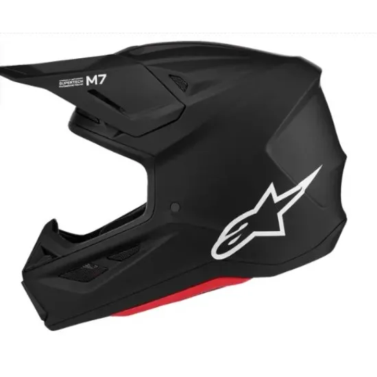 Alpinestars Supertech M7 мотокрос каска в матово черно с агресивен визьор, бяло лого и червени акценти на подбрадника