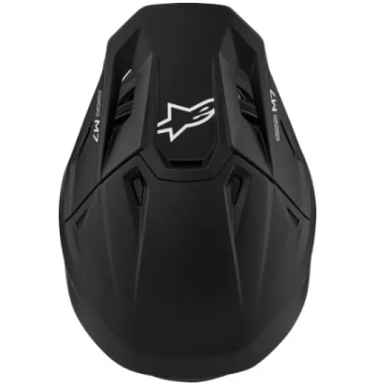 Alpinestars Supertech M7 мотокрос каска в матово черно с агресивен визьор, бяло лого и червени акценти на подбрадника