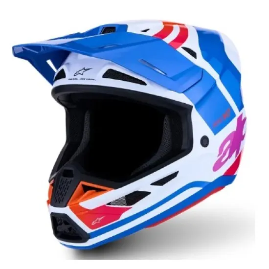 Alpinestars SM7 Core мотокрос каска в синьо, бяло, розово и червено с широка козирка, вентилационни решетки и надпис stars