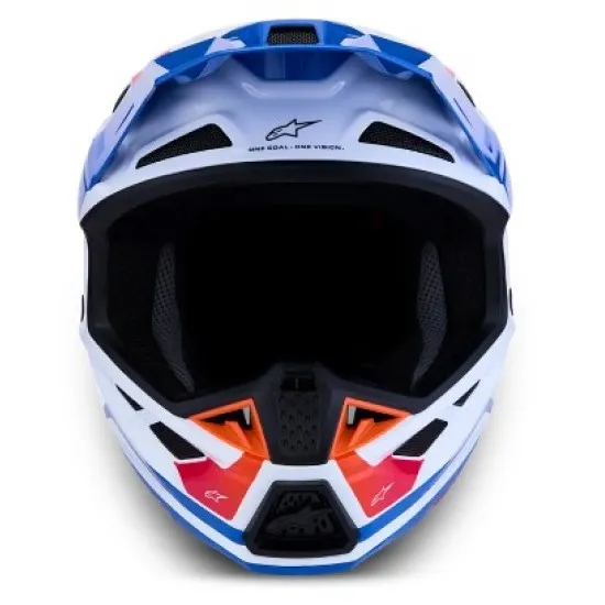 Alpinestars SM7 Core мотокрос каска в синьо, бяло, розово и червено с широка козирка, вентилационни решетки и надпис stars