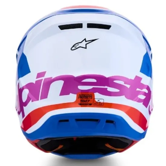 Alpinestars SM7 Core мотокрос каска в синьо, бяло, розово и червено с широка козирка, вентилационни решетки и надпис stars