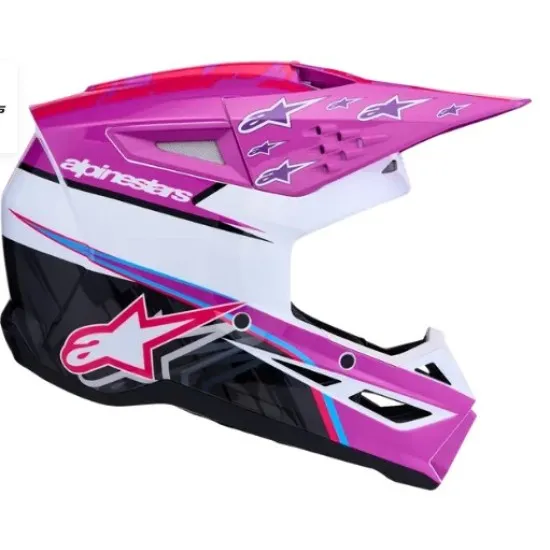 Детска мотокрос каска Alpinestars SM3 Falcon в лилаво, розово и бяло с графика на звезди, вентилационни отвори и откачваща
