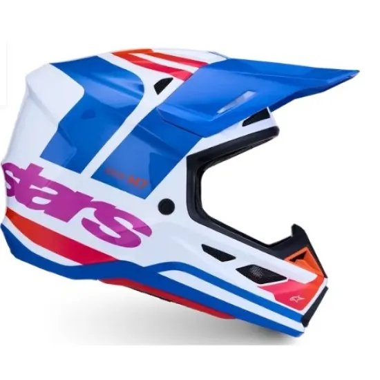 Alpinestars SM7 Core мотокрос каска в синьо, бяло, розово и червено с широка козирка, вентилационни решетки и надпис stars