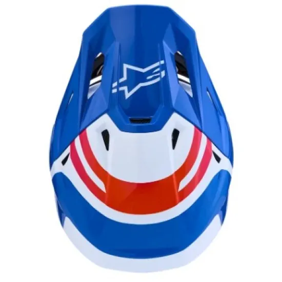 Alpinestars SM7 Core мотокрос каска в синьо, бяло, розово и червено с широка козирка, вентилационни решетки и надпис stars