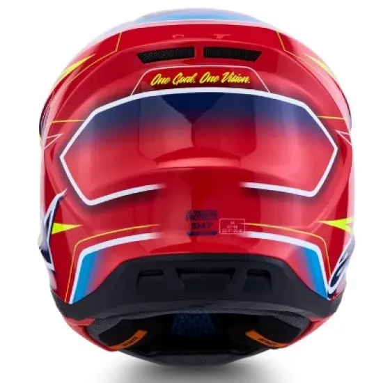 Alpinestars SM7 Cast мотокрос каска в червено с жълти и сини графики, изглед отстрани и отгоре, композитна черупка с