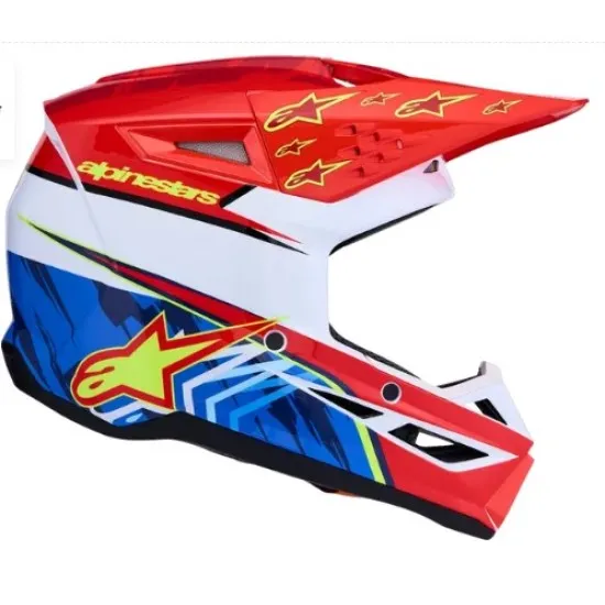 Детска мотокрос каска Alpinestars SM3 Falcon в червено, бяло и синьо с жълти звезди, козирка с отвори и лого Alpinestars