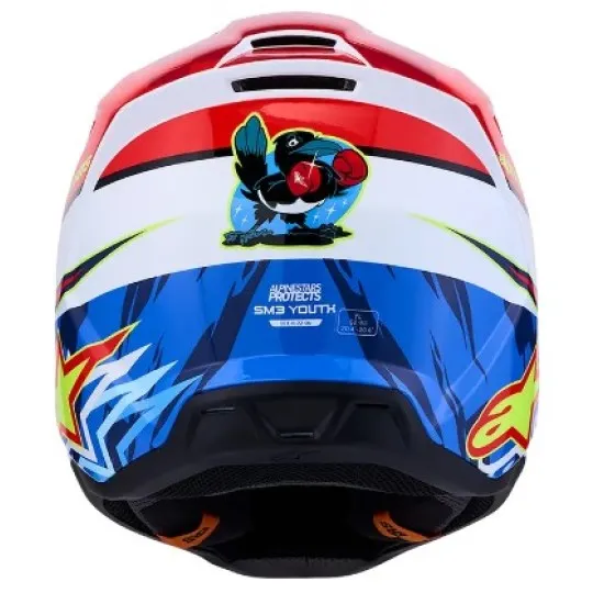 Детска мотокрос каска Alpinestars SM3 Falcon в червено, бяло и синьо с жълти звезди, козирка с отвори и лого Alpinestars