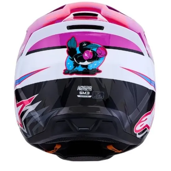 Детска мотокрос каска Alpinestars SM3 Falcon в лилаво, розово и бяло с графика на звезди, вентилационни отвори и откачваща