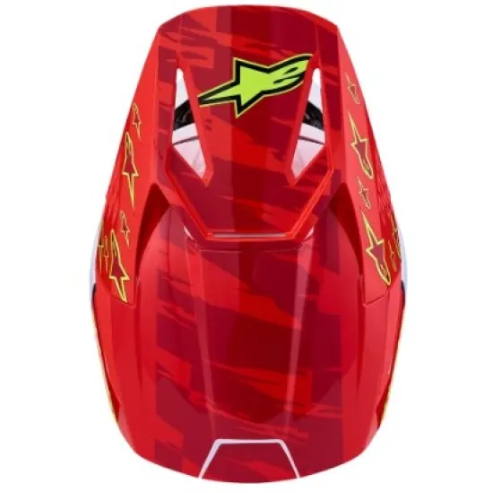 Детска мотокрос каска Alpinestars SM3 Falcon в червено, бяло и синьо с жълти звезди, козирка с отвори и лого Alpinestars