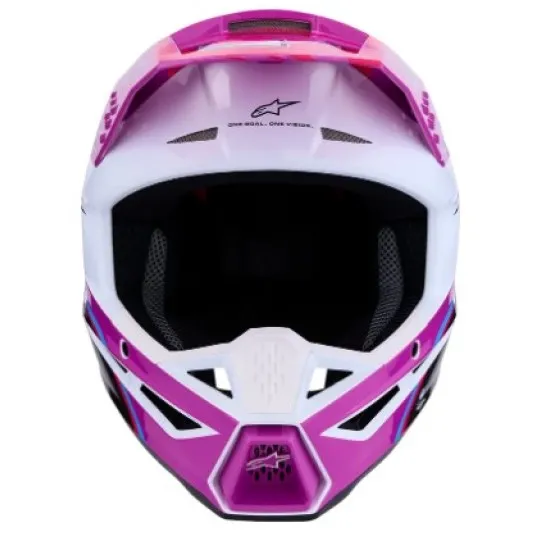 Детска мотокрос каска Alpinestars SM3 Falcon в лилаво, розово и бяло с графика на звезди, вентилационни отвори и откачваща