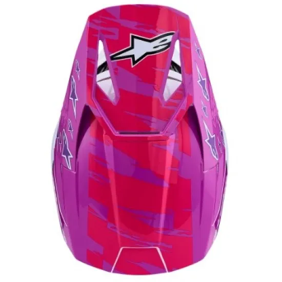 Детска мотокрос каска Alpinestars SM3 Falcon в лилаво, розово и бяло с графика на звезди, вентилационни отвори и откачваща