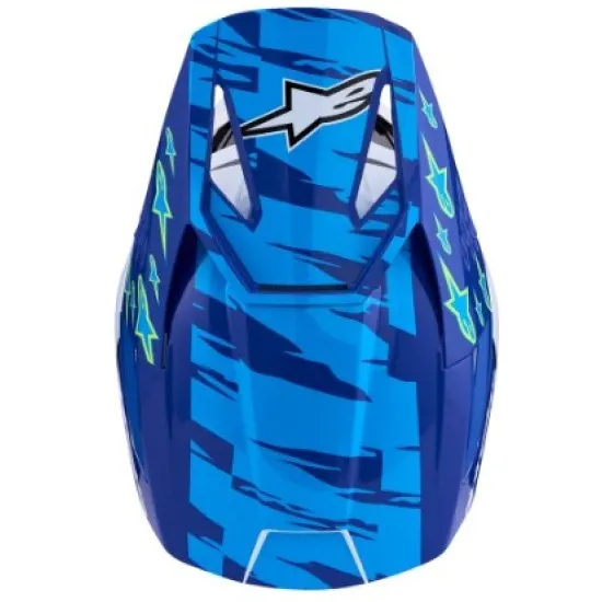 Детска мотокрос каска Alpinestars SM3 Falcon в синьо, бяло и черно с неонови зелени звезди, удължена козирка и логото на