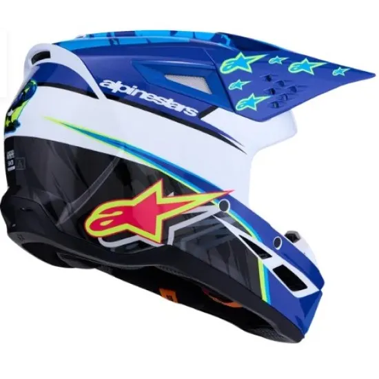 Детска мотокрос каска Alpinestars SM3 Falcon в синьо, бяло и черно с неонови зелени звезди, удължена козирка и логото на