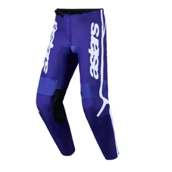 Сини мотокрос брич Alpinestars Fluid APEX V2 с бяло лого, еластични вложки на коленете и тресчотково закопчаване
