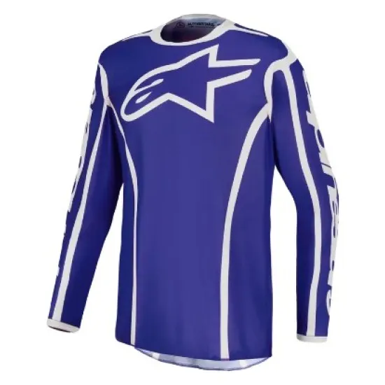 Мотокрос джърси Alpinestars Fluid Apex V2 в синьо и бяло с голямо лого на гърдите и контрастни бели линии по ръкавите
