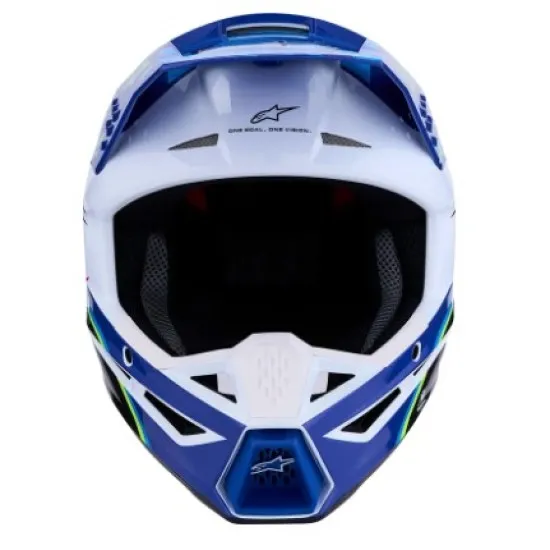 Детска мотокрос каска Alpinestars SM3 Falcon в синьо, бяло и черно с неонови зелени звезди, удължена козирка и логото на