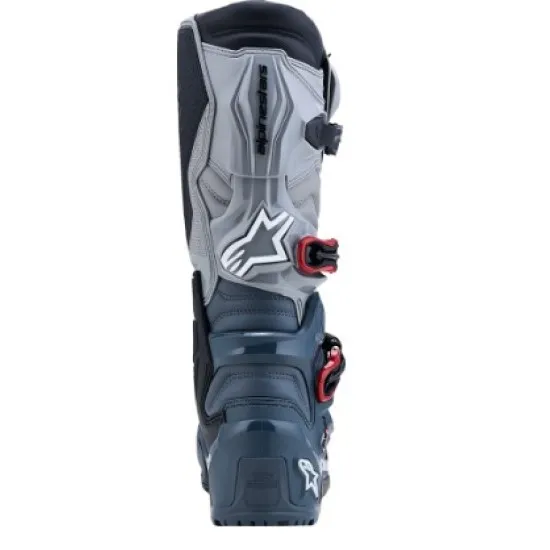 Alpinestars Tech 7 Enduro Drystar ботуши в тъмносиво, светлосиво и черно с червени катарами, BOA система и TPU протектори на