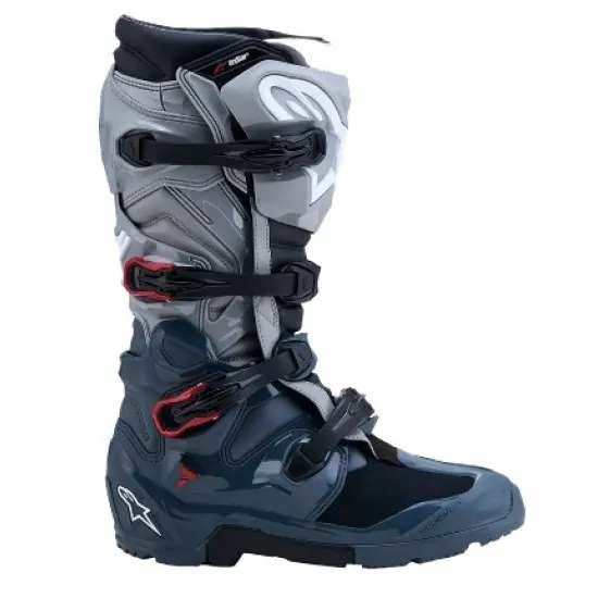 Alpinestars Tech 7 Enduro Drystar ботуши в тъмносиво, светлосиво и черно с червени катарами, BOA система и TPU протектори на