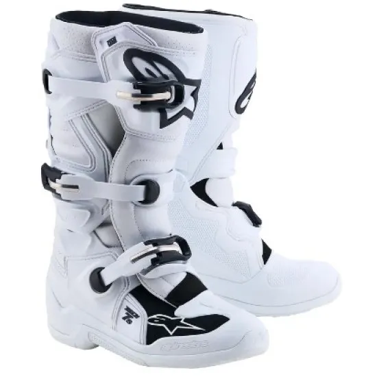 Бели детски мотокрос ботуши Alpinestars Tech 7S с 4 черни катарами, TPU пластина за пищяла и перфорирана гумена подметка