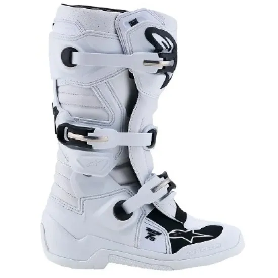 Бели детски мотокрос ботуши Alpinestars Tech 7S с 4 черни катарами, TPU пластина за пищяла и перфорирана гумена подметка