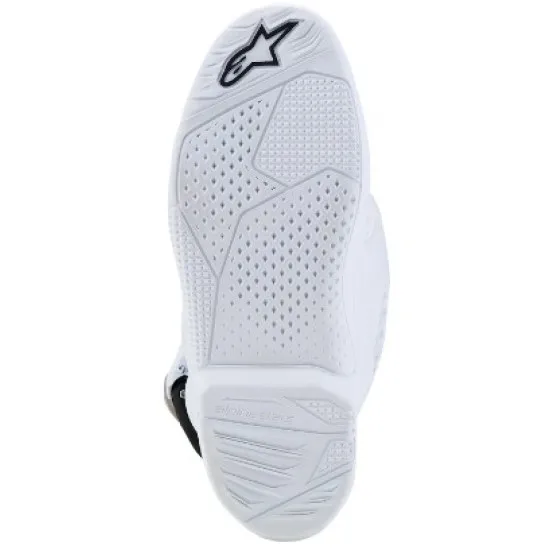 Бели детски мотокрос ботуши Alpinestars Tech 7S с 4 черни катарами, TPU пластина за пищяла и перфорирана гумена подметка