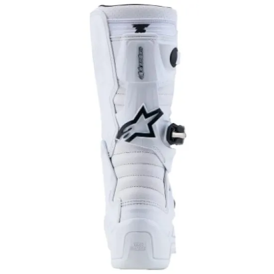 Бели детски мотокрос ботуши Alpinestars Tech 7S с 4 черни катарами, TPU пластина за пищяла и перфорирана гумена подметка