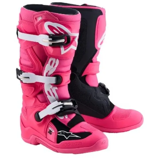 Детски мотокрос ботуши Alpinestars Tech 7S в ярко розово и черно с четири бели катарами и TPU панел по подбедрицата