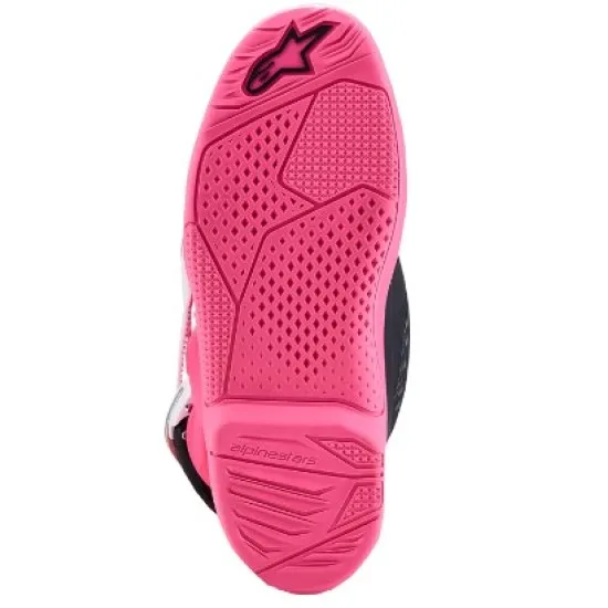 Детски мотокрос ботуши Alpinestars Tech 7S в ярко розово и черно с четири бели катарами и TPU панел по подбедрицата