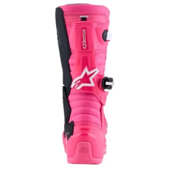 Детски мотокрос ботуши Alpinestars Tech 7S в ярко розово и черно с четири бели катарами и TPU панел по подбедрицата