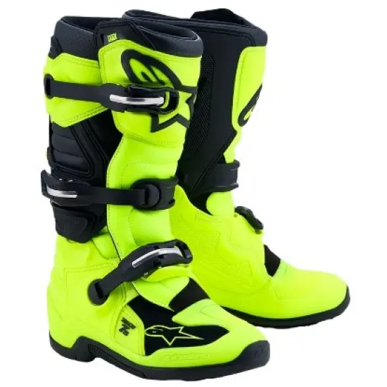 Детски мотокрос ботуши Alpinestars Tech 7S в жълто и черно с три алуминиеви катарами, TPU панели и флуоресцентна горна част
