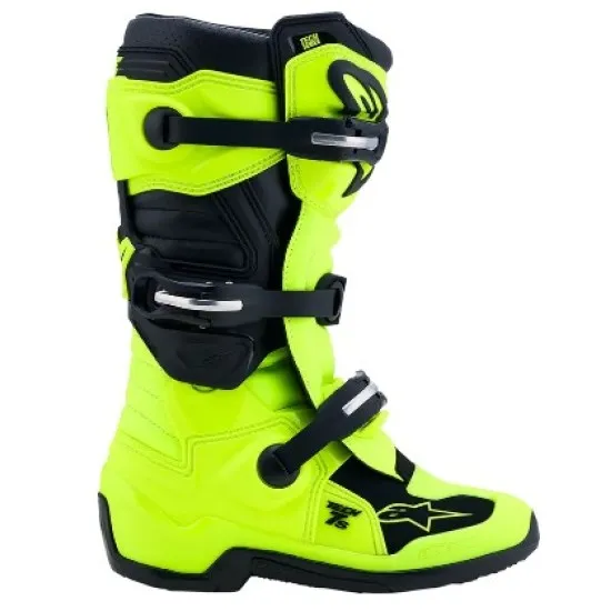 Детски мотокрос ботуши Alpinestars Tech 7S в жълто и черно с три алуминиеви катарами, TPU панели и флуоресцентна горна част
